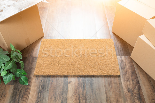 Blank Welcome Mat, Moving Boxes and Plant on Hard Wood Floors Stock photo © feverpitch