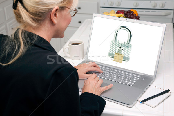 Imagine de stoc: Femeie · bucătărie · folosind · laptop · securitate · mare · nivel