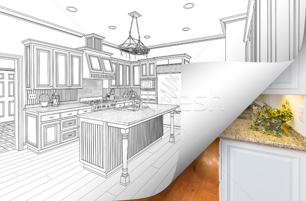 Stock photo: Kitchen Drawing Page Corner Flipping with Photo Behind