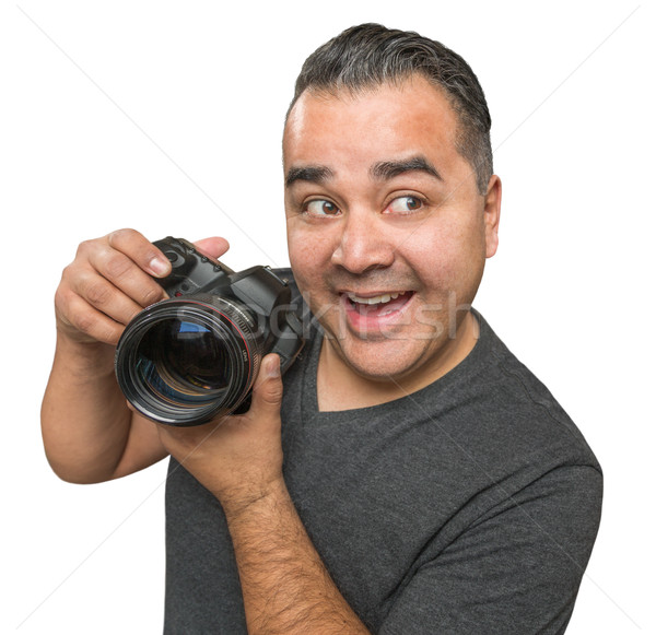 Goofy Hispanic Young Male With DSLR Camera Isolated on a White B Stock photo © feverpitch