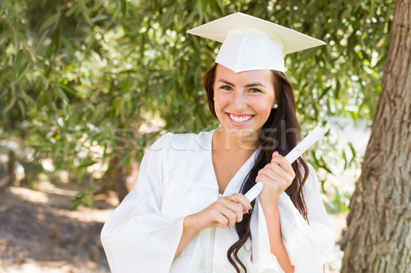 Foto stock: Atraente · menina · graduação · fora