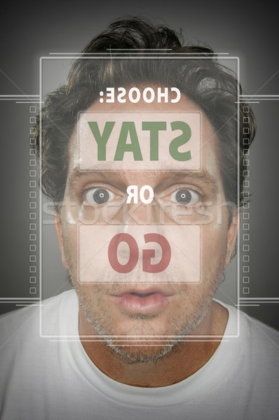 Dumbfounded Looking Man In Front of Touch Screen Choosing Stay o Stock photo © feverpitch