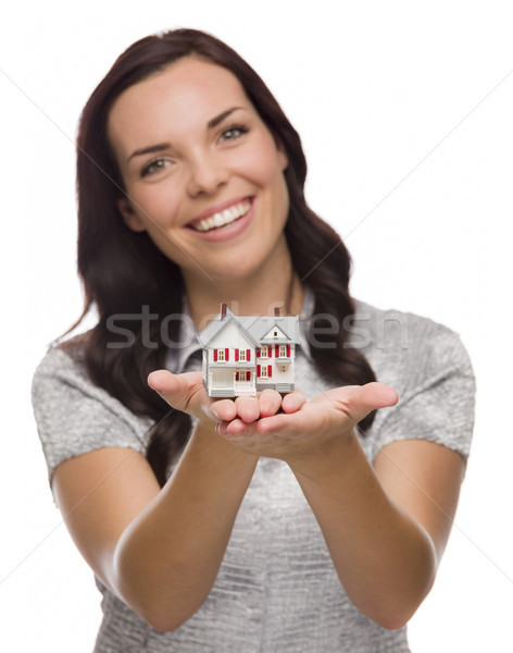Csinos félvér nő tart kicsi ház Stock fotó © feverpitch