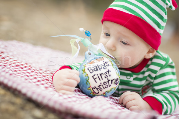 Infant Baby On Blanket With Babys First Christmas Ornament Stock photo © feverpitch