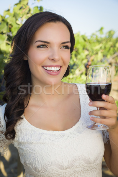 Frau genießen Glas Wein Weinberg Stock foto © feverpitch