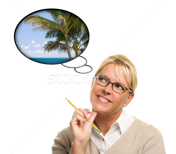 Beautiful Woman with Thought Bubbles of a Tropical Place Stock photo © feverpitch