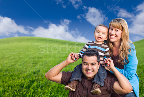 Halfbloed familie groen gras veld gelukkig wolken Stockfoto © feverpitch