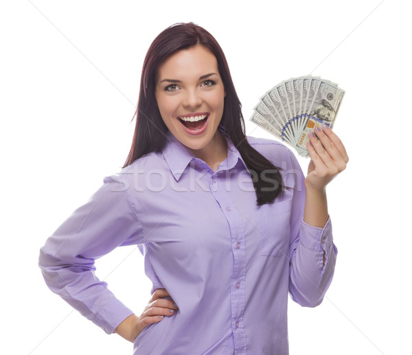 Mixed Race Woman Holding the New One Hundred Dollar Bills Stock photo © feverpitch