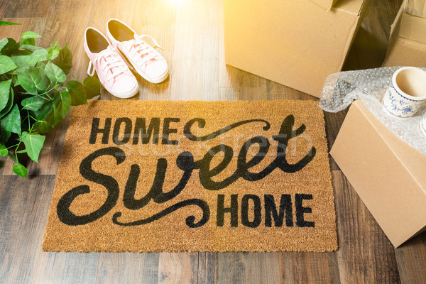Home Sweet Home Welcome Mat, Moving Boxes, Pink Shoes and Plant  Stock photo © feverpitch
