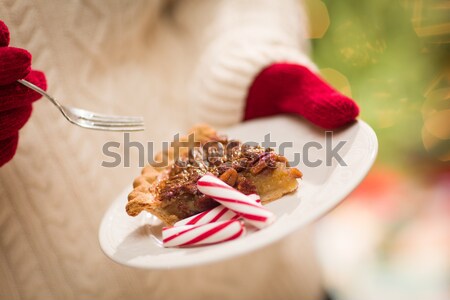 Stock photo: Woman Wearing Red Mittens Holding Plate of Pecan Pie, Peppermint