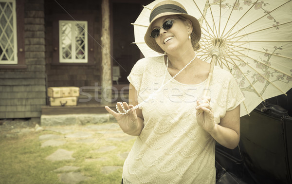 Mädchen Sonnenschirm Oldtimer Porträt schönen Stock foto © feverpitch