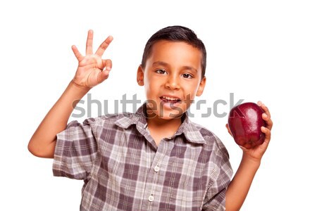 çok güzel koyu esmer erkek elma el işareti Stok fotoğraf © feverpitch