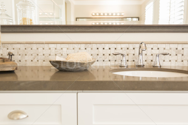 Stock photo: New Modern Bathroom Sink, Faucet, Subway Tiles and Counter 