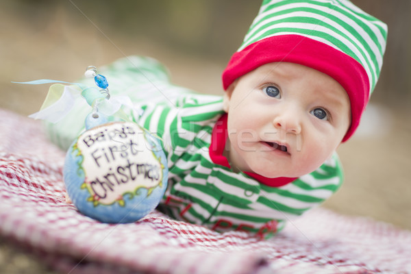 Infant Baby On Blanket With Babys First Christmas Ornament Stock photo © feverpitch