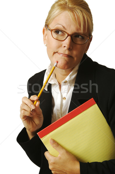 Stock photo: Beautiful Woman Thinks with Pencil & Notepad