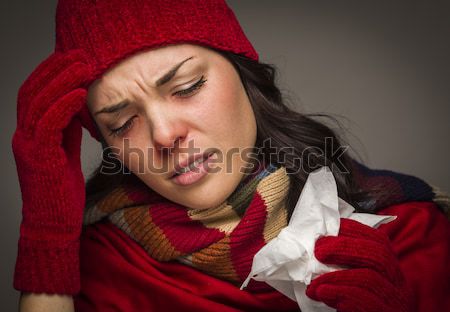 Stockfoto: Ziek · halfbloed · vrouw · pijnlijk · neus