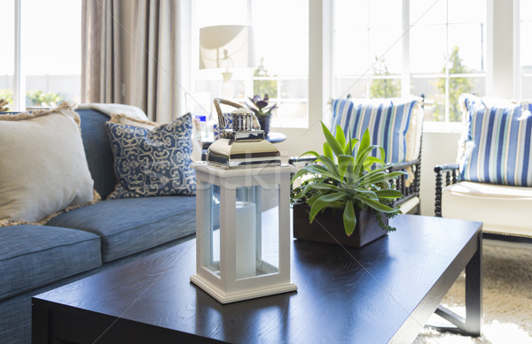 жизни кофейный столик диване стульев красивой синий Сток-фото © feverpitch