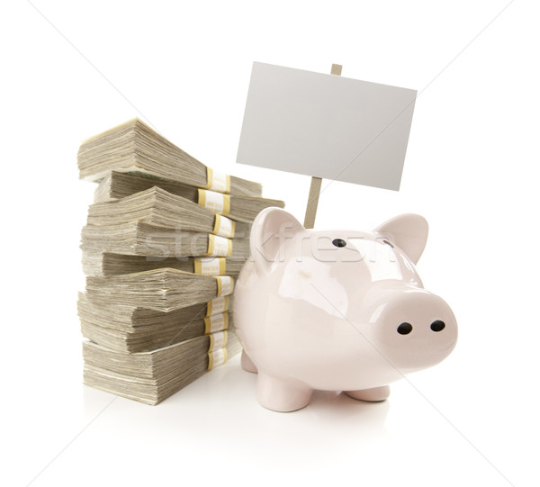 Pink Piggy Bank with Stacks of Money and Blank Sign Stock photo © feverpitch
