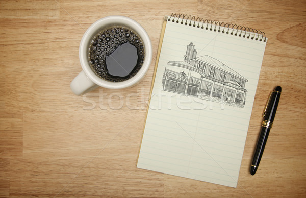 Stock photo: Pad of Paper with House Drawing, Pen and Coffee