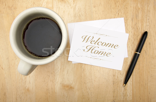 Stock foto: Willkommen · home · beachten · Karte · Stift · Kaffee