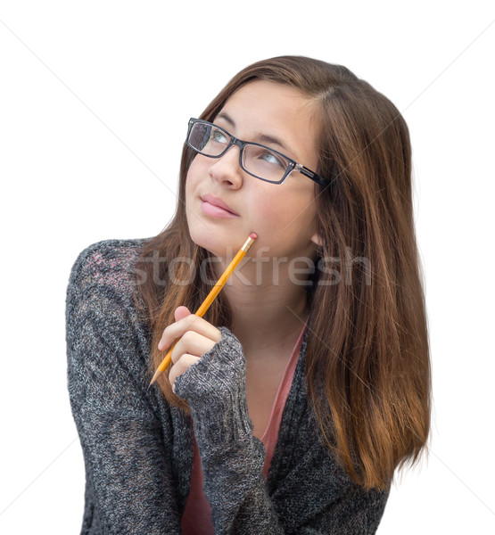 Pretty Mixed Race Girl Thinking with Pencil Stock photo © feverpitch