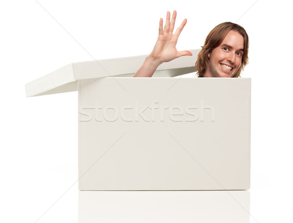 Mans Head, Hand Waving Pops from Blank White Box Stock photo © feverpitch