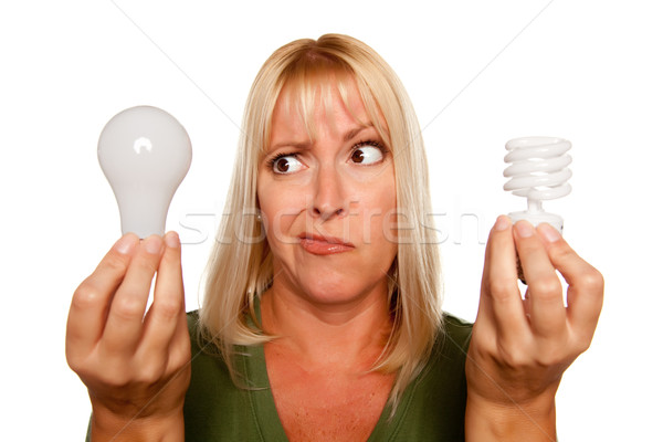 Funny Woman Holding Energy Saving and Regular Light Bulbs Stock photo © feverpitch