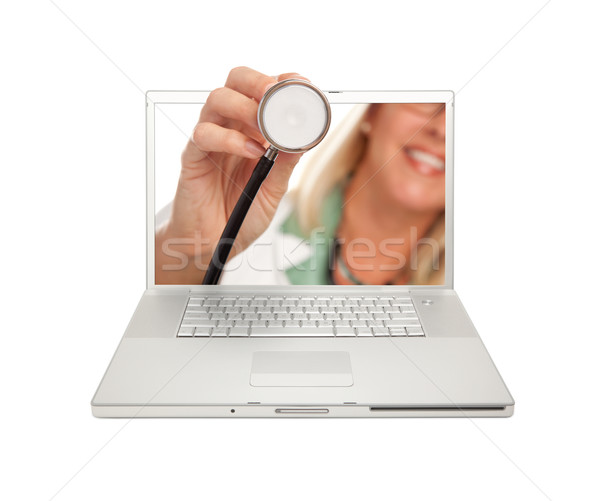 商業照片: 女 · 醫生 · 聽筒 · 筆記本電腦 · 屏幕