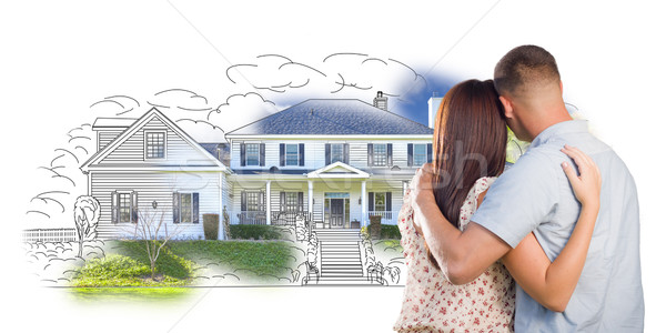 Military Couple Looking At House Drawing and Photo on White Stock photo © feverpitch