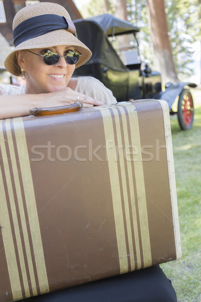 1920s Dressed Girl With Suitcase Near Vintage Car Stock photo © feverpitch