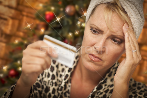 Stockfoto: Ontdaan · vrouw · creditcard · kerstboom · geld