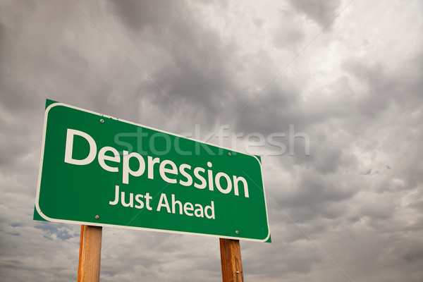 Stock foto: Depression · grünen · Schild · Gewitterwolken · vor · dramatischen