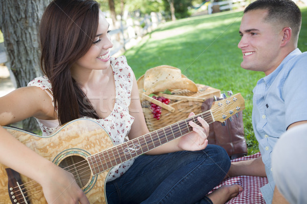Paar Park spielen Gitarre singen Stock foto © feverpitch
