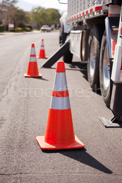 Orange Hazard Cones and Utility Truck in Street Stock photo © feverpitch