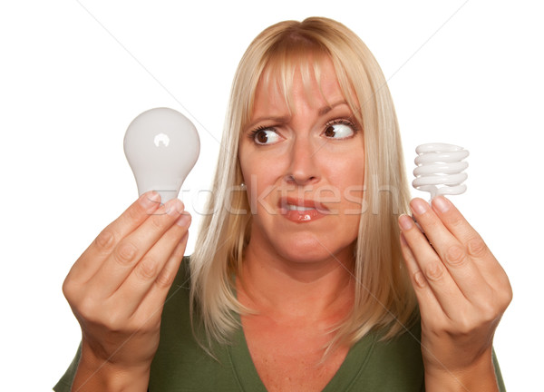 Vicces nő tart energia takarékosság rendszeres Stock fotó © feverpitch