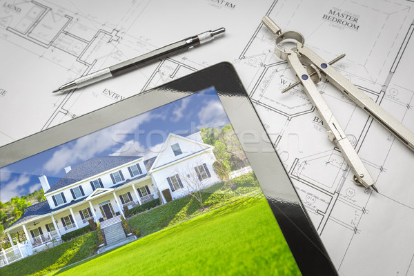 Computer Tablet Showing House Image On House Plans, Pencil, Comp Stock photo © feverpitch