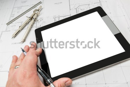 [[stock_photo]]: Ordinateur · comprimé · maison · plans · crayon · boussole