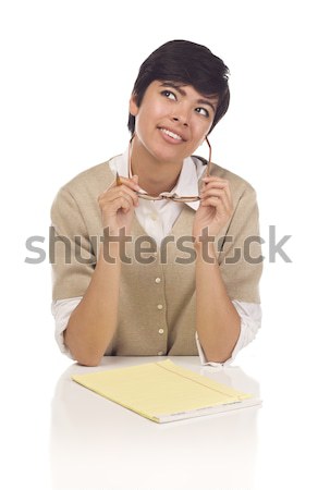 Mosolyog félvér női diák asztal csinos Stock fotó © feverpitch