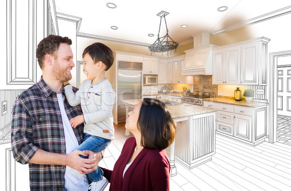 Stock photo: Young Mixed Race Caucasian and Chinese Family In Front of Custom