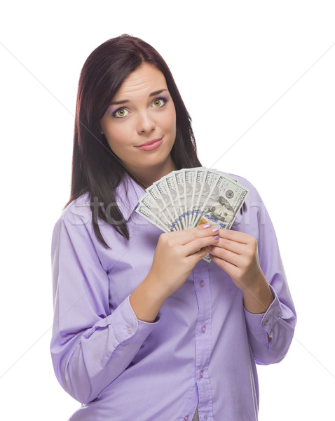 Mixed Race Woman Holding the New One Hundred Dollar Bills Stock photo © feverpitch