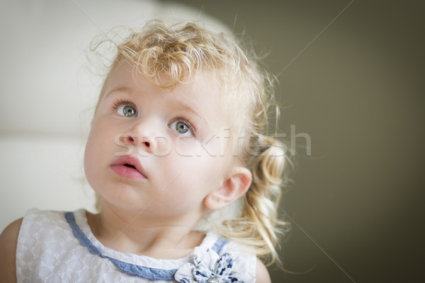 Adorable Blonde Haired And Blue Eyed Little Girl In Chair Stock