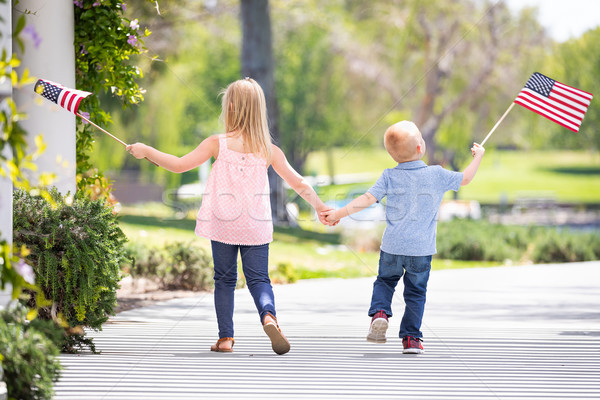 Stock photo: Young Sister and Brother Holding Hands and Waving American Flags