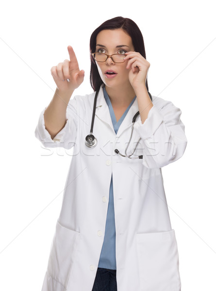 Vrouwelijke arts verpleegkundige voortvarend knop wijzend Stockfoto © feverpitch