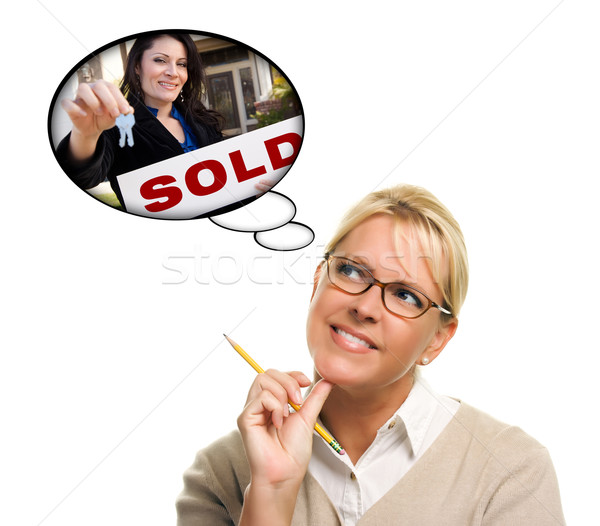 Stockfoto: Vrouw · dacht · bubbels · agent · nieuwe · sleutels