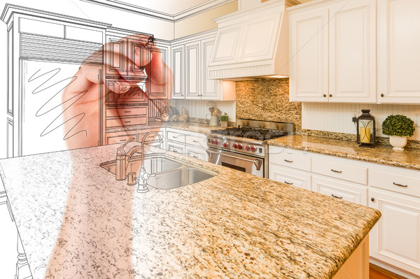 Hand Drawing Custom Kitchen Design With Gradation Revealing Phot Stock photo © feverpitch
