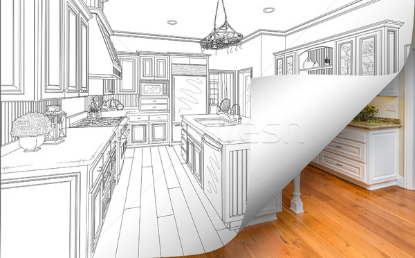 Kitchen Drawing Page Corner Flipping with Photo Behind Stock photo © feverpitch