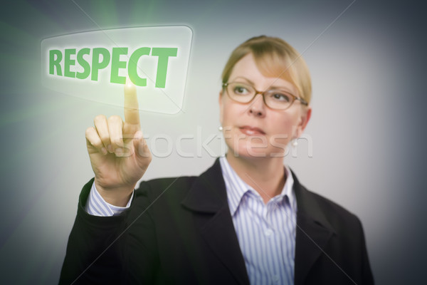 Mulher empurrando respeito botão interativo tela sensível ao toque Foto stock © feverpitch