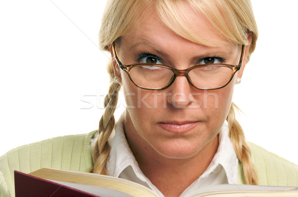 Stockfoto: Ernstig · vrouwelijke · boek · geïsoleerd · witte · student