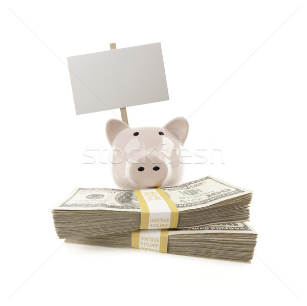 Pink Piggy Bank with Stacks of Money and Blank Sign Stock photo © feverpitch