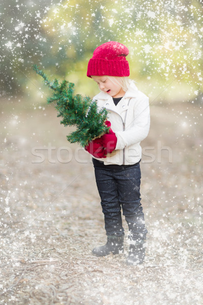 Stock photo: Baby Girl In Mittens Holding Small Christmas Tree with Snow Effe